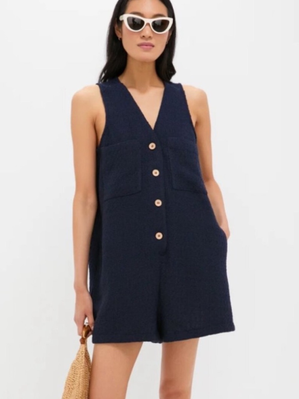 Tuckernuck Myla Tweed Romper Textured Pockets Preppy Prep L